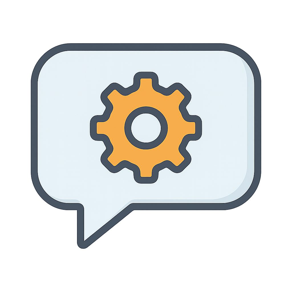 icono con bocadillo de diálogo y rueda dentada en su interior