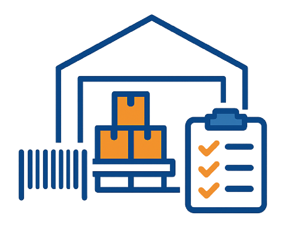 Almacen con cajas y documento con checks junto código de barras