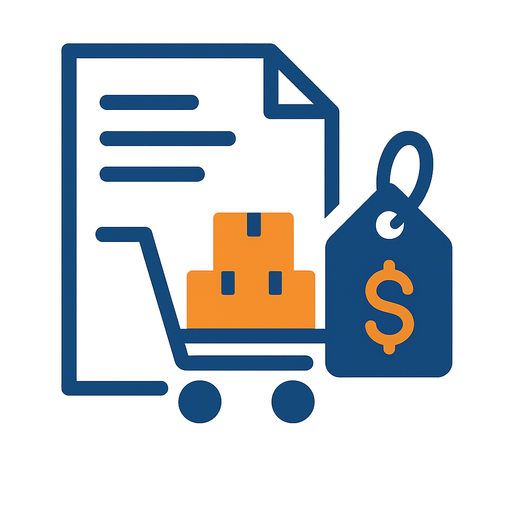 documento con carrito y cajas superpuesto y etiqueta con simbólo del dólar