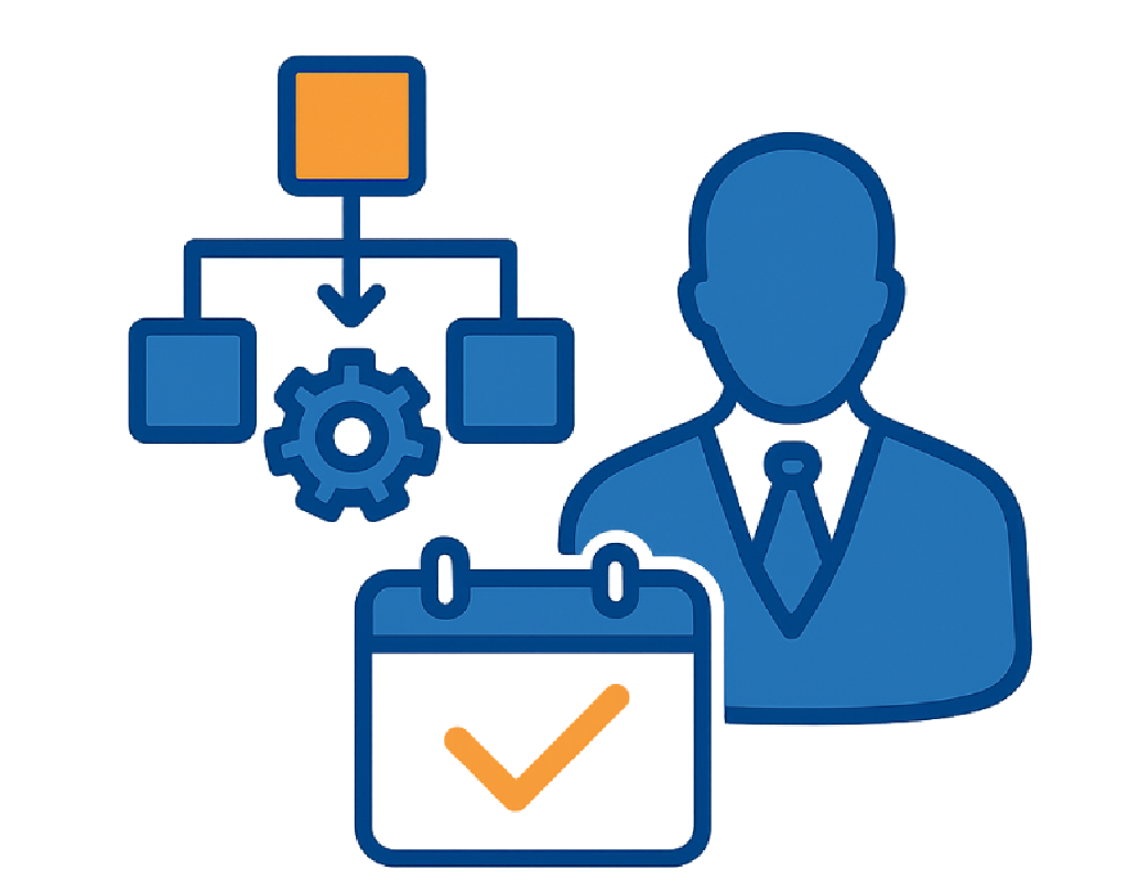 figura humana junto a esquema con rueda dentada y calendario con tick
