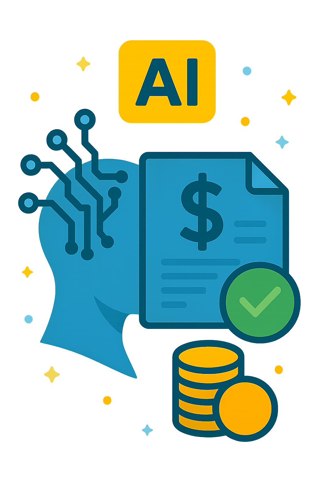  busto con documento con dólar junto a montón de monedas