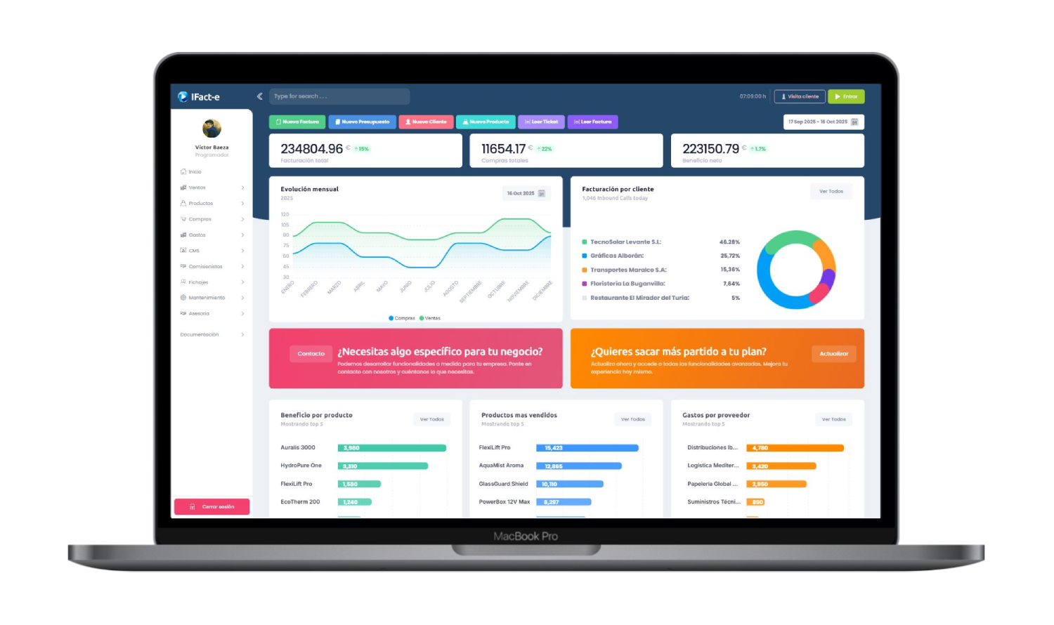 Ordenador portátil con dashboard del software het.