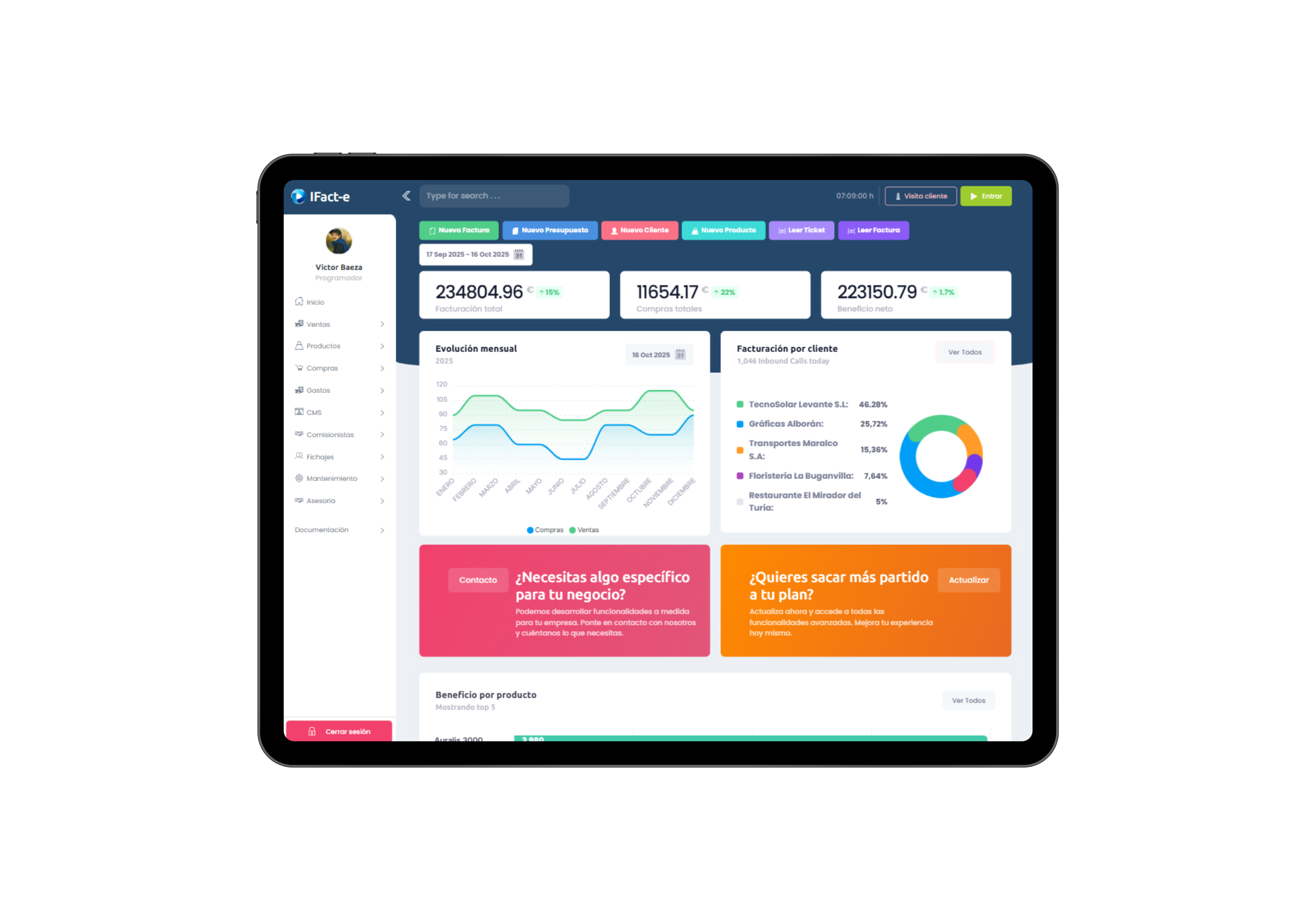 Tablet con dashboard del software het.