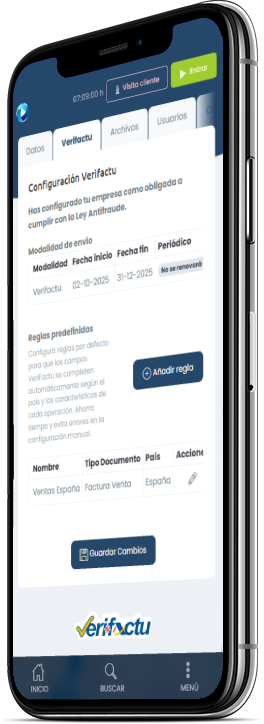 Móvil con pantalla modalidad verifactu en het junto logo verifactu AEAT.