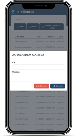 Pantalla móvil con formulario para añadir código para conectar la asesoria del cliente con het.