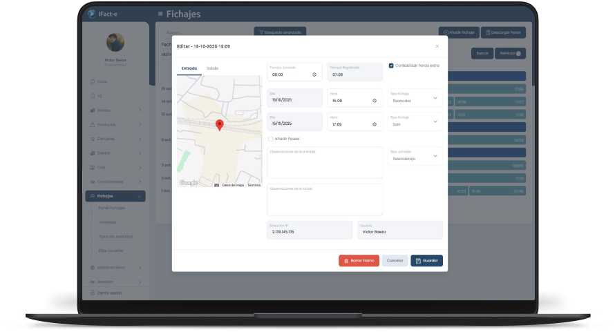 Ordenador portátil con pantalla de el formulario de fichajes en el software het.